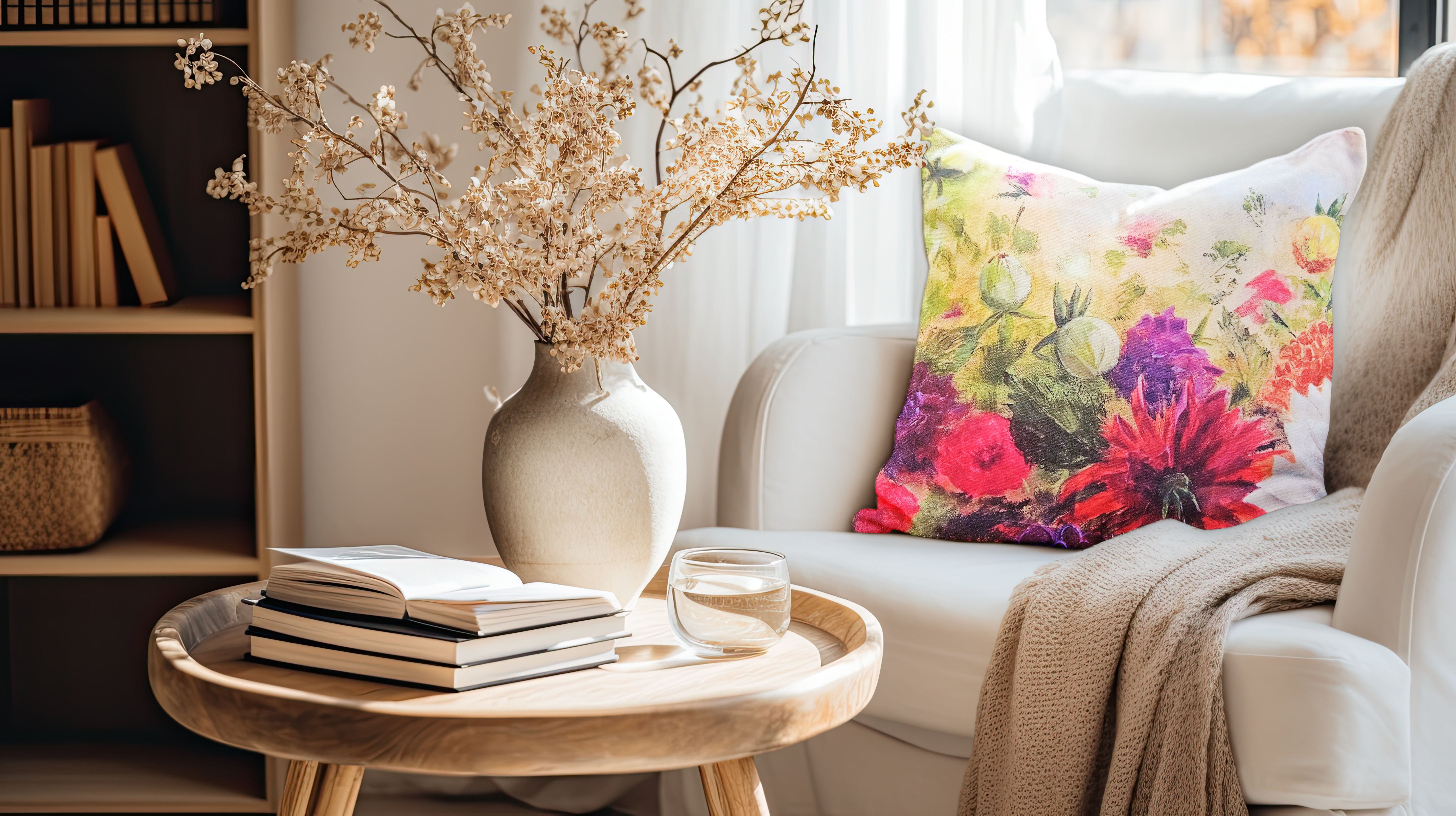 A bright floral print cushion featuring beautiful Dahlias 