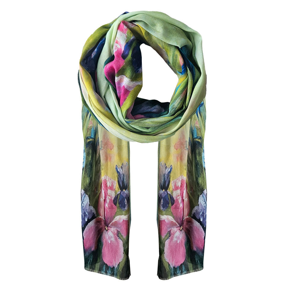 A Floral printed cotton scarf with beautiful iris flowers printed on.