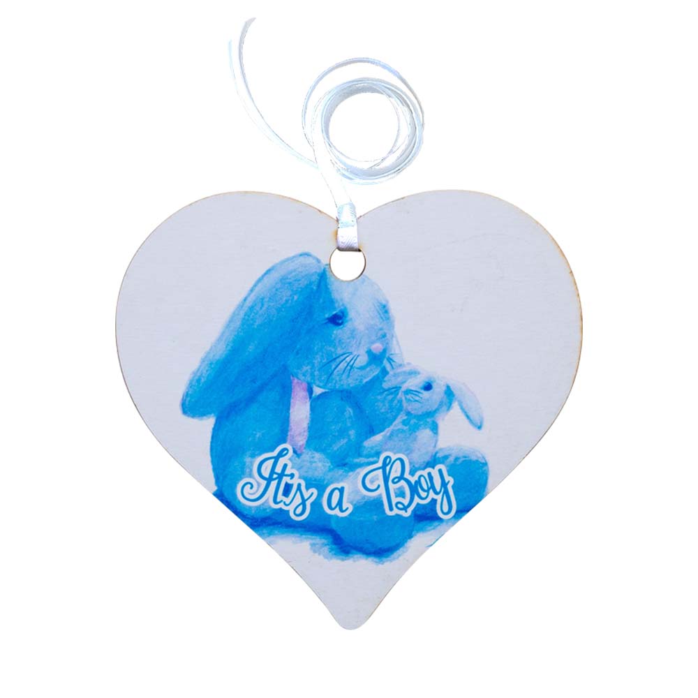 A wooden Gift Tag with a sketch design of blue bunnies with It's a Boy message.