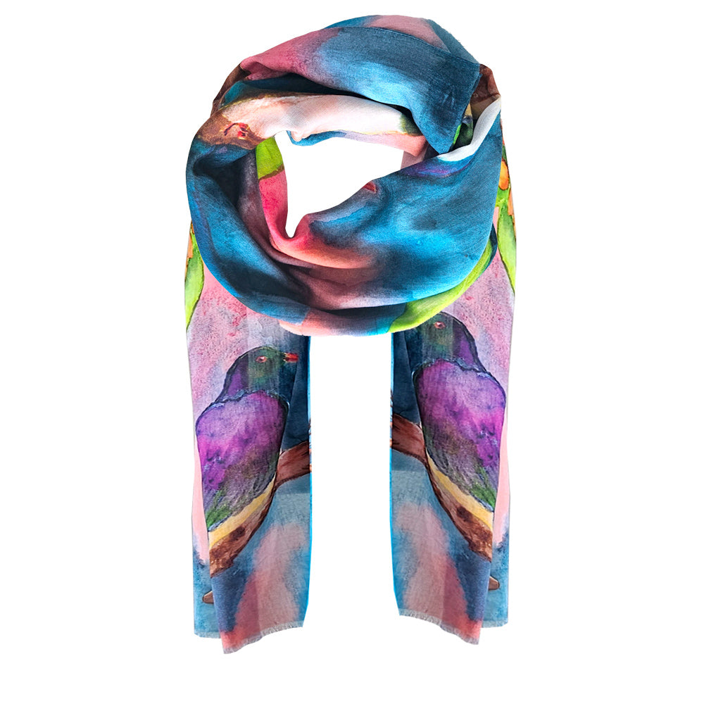 A colourful cotton scarf with karaka and Kereu birds printed throughout.