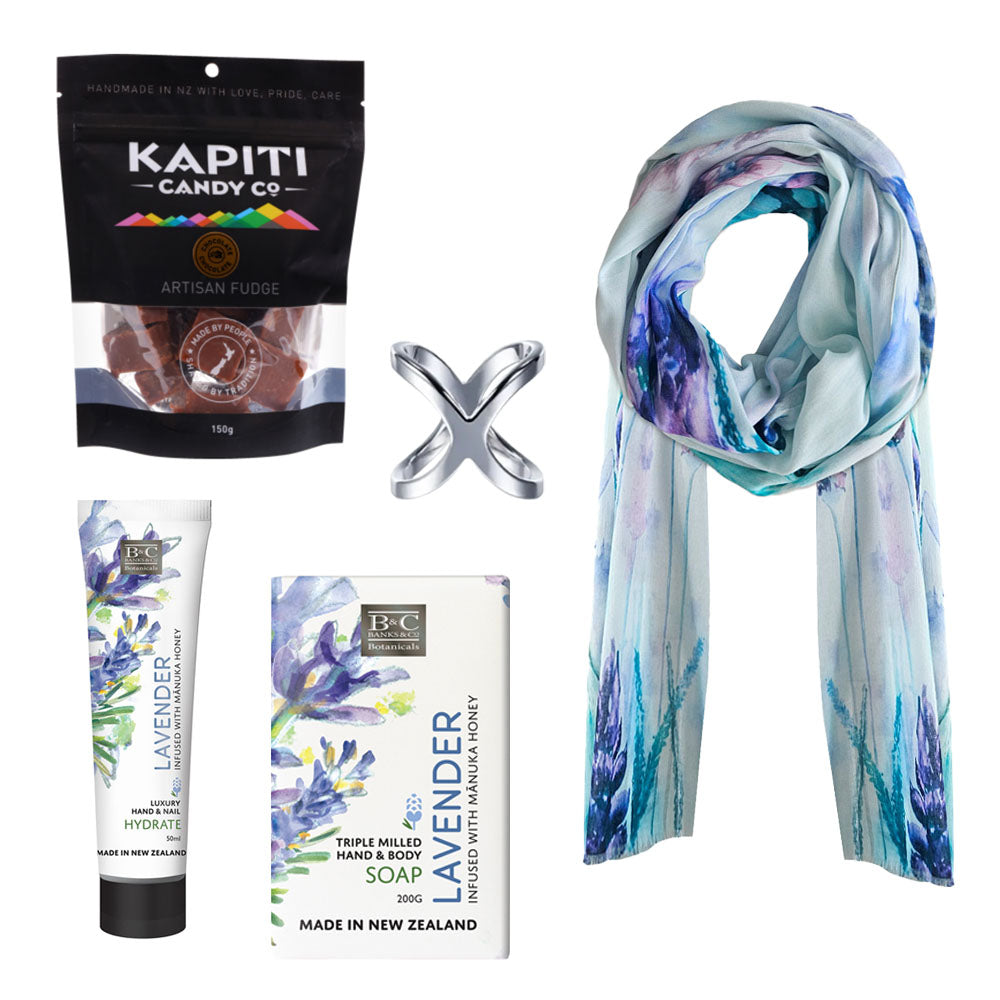 A Lavender themed gift box with Lavender cotton printed scarf, hand cream and soap.