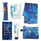 Cool Blue Ocean Gift Box featuring a paua art tea towel, coin purse, notebook, Banks & Co hand cream and soap and a chocolate fish, beautifully arranged in a gift box.