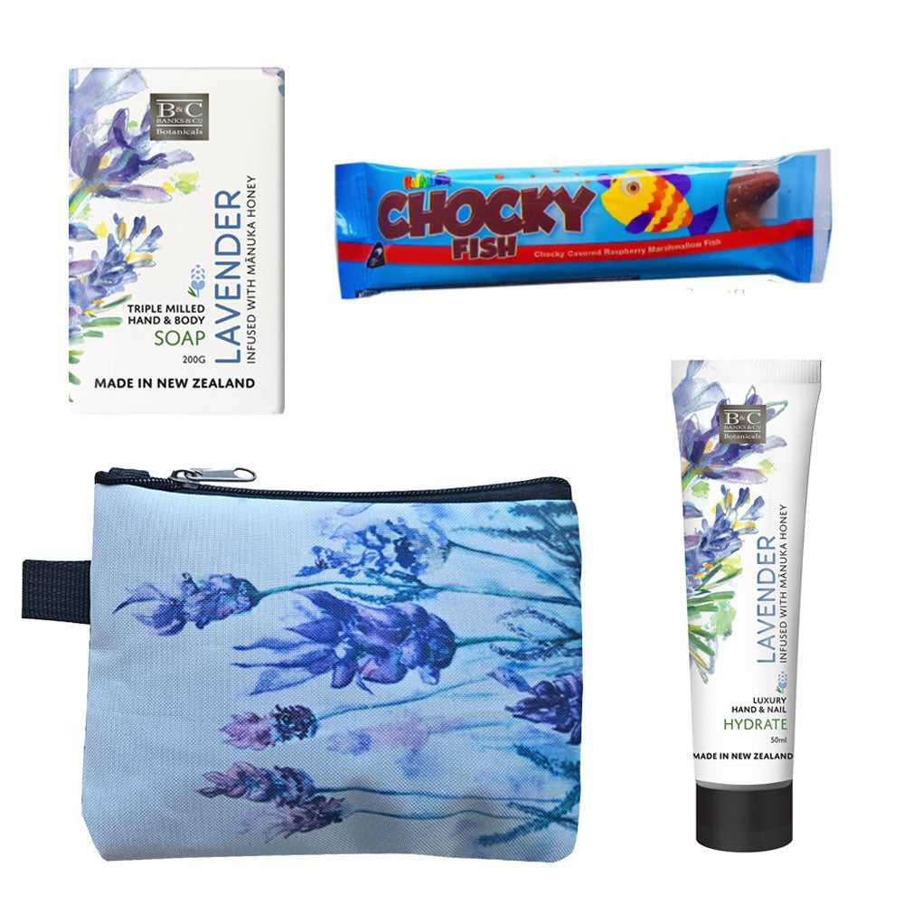 A Lavender themed gift box with chocolates, soap, hand cream and coin purse. 