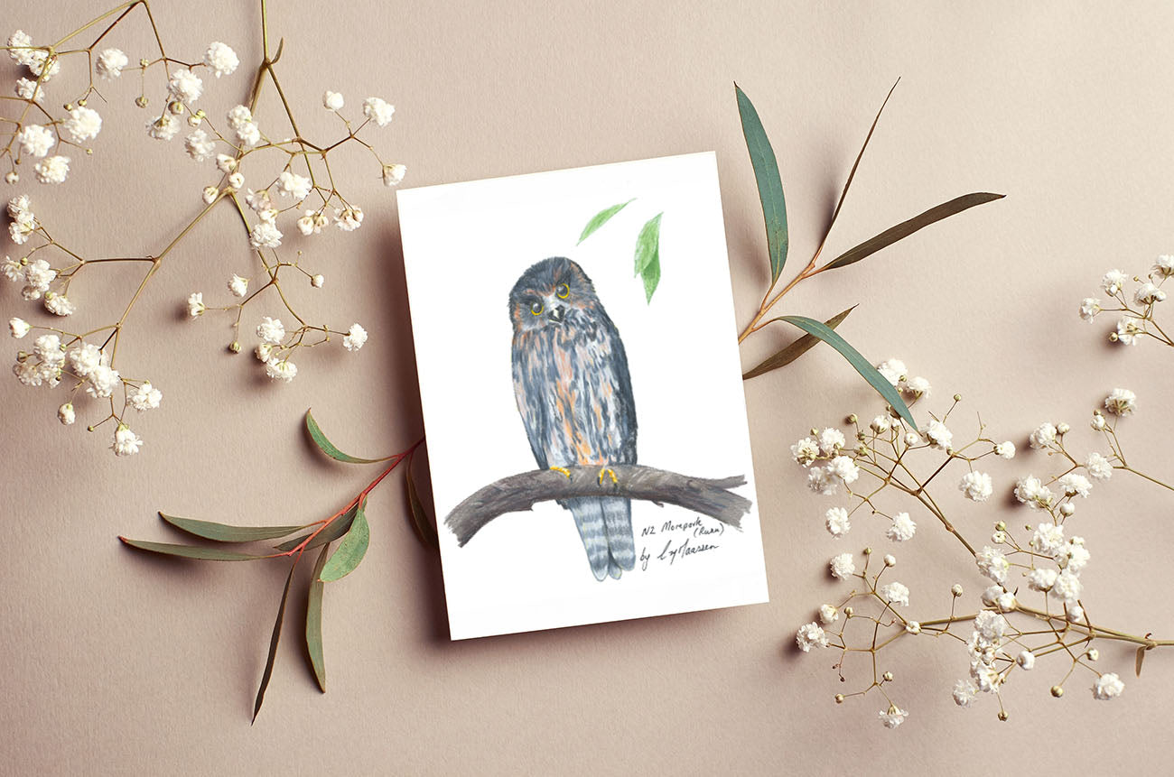 Featuring a detailed print of my original New Zealand Morepork drawing, this greeting card captures the charm of one of Aotearoa’s most beloved native birds.