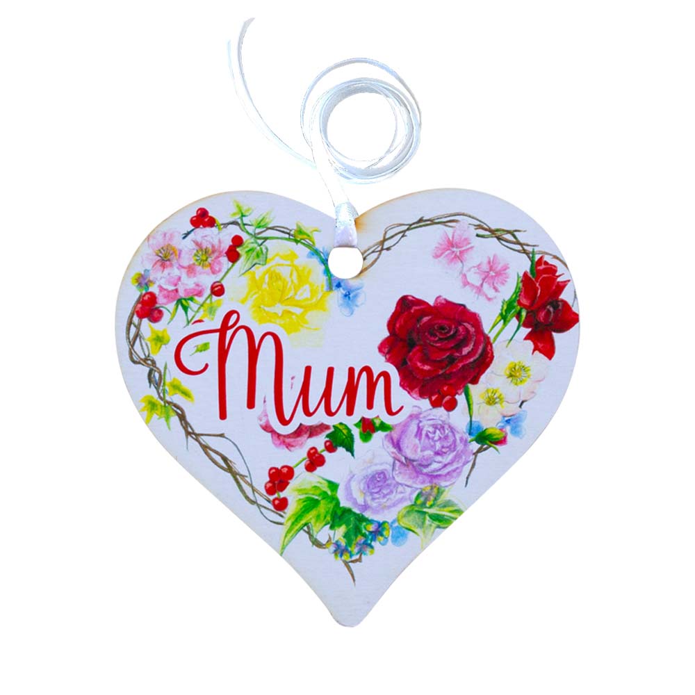 A wooden heart tag with the message 'Mum' and a floral wreath design.