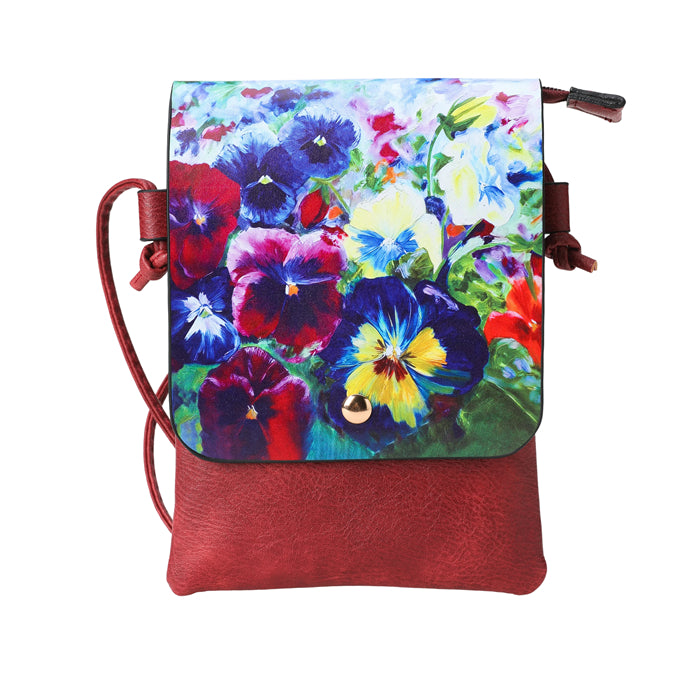 Handbag with Pansy floral design on a white background