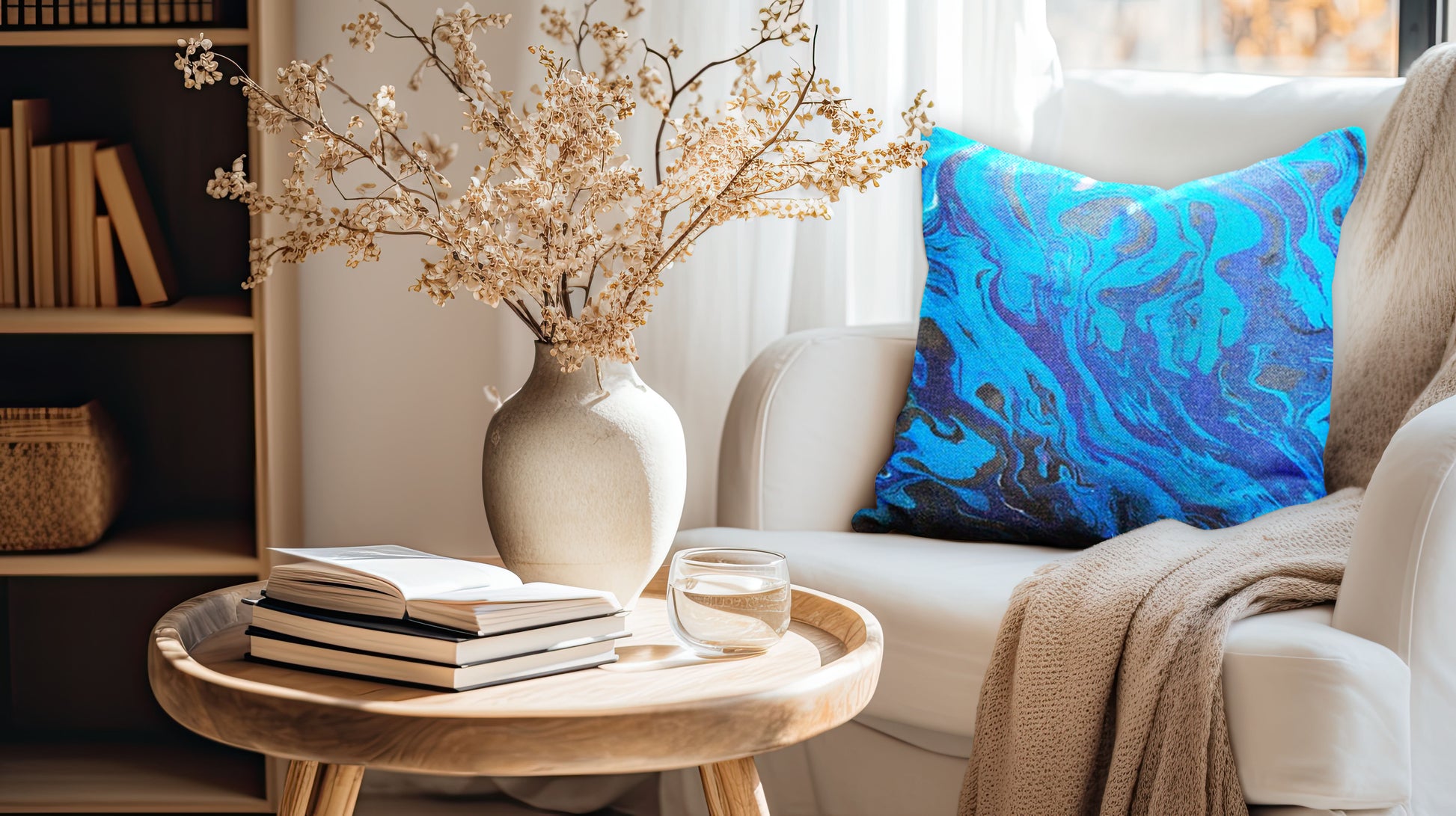 Paua print linen cushion with an abstract paua design. 