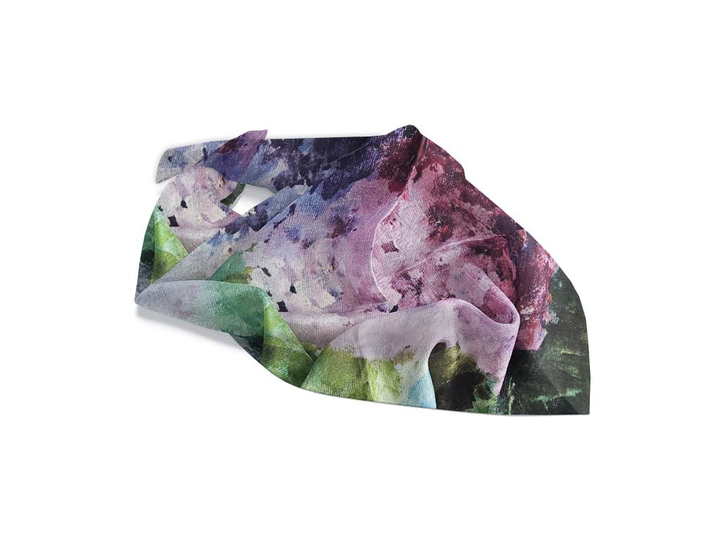 A silk scarf with a hydrangea floral design
