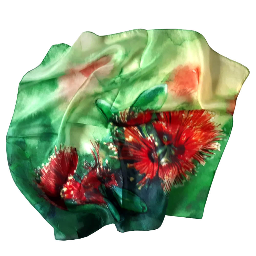 Green and red Pohutakawa silk neck scarf
