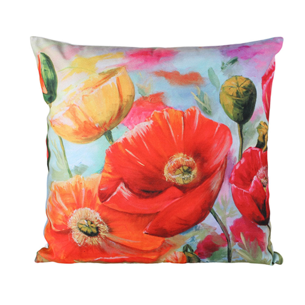 Floral pillow with red and orange flowers on a white background
