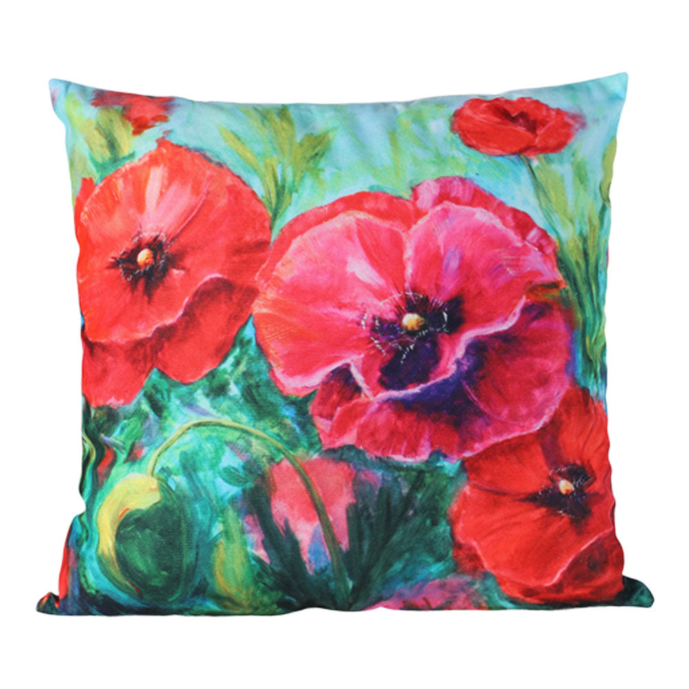 Decorative pillow with red floral design on a white background