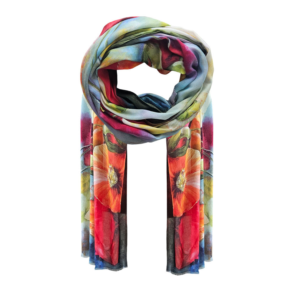 A colourful display of poppies on a cotton scarf. 
