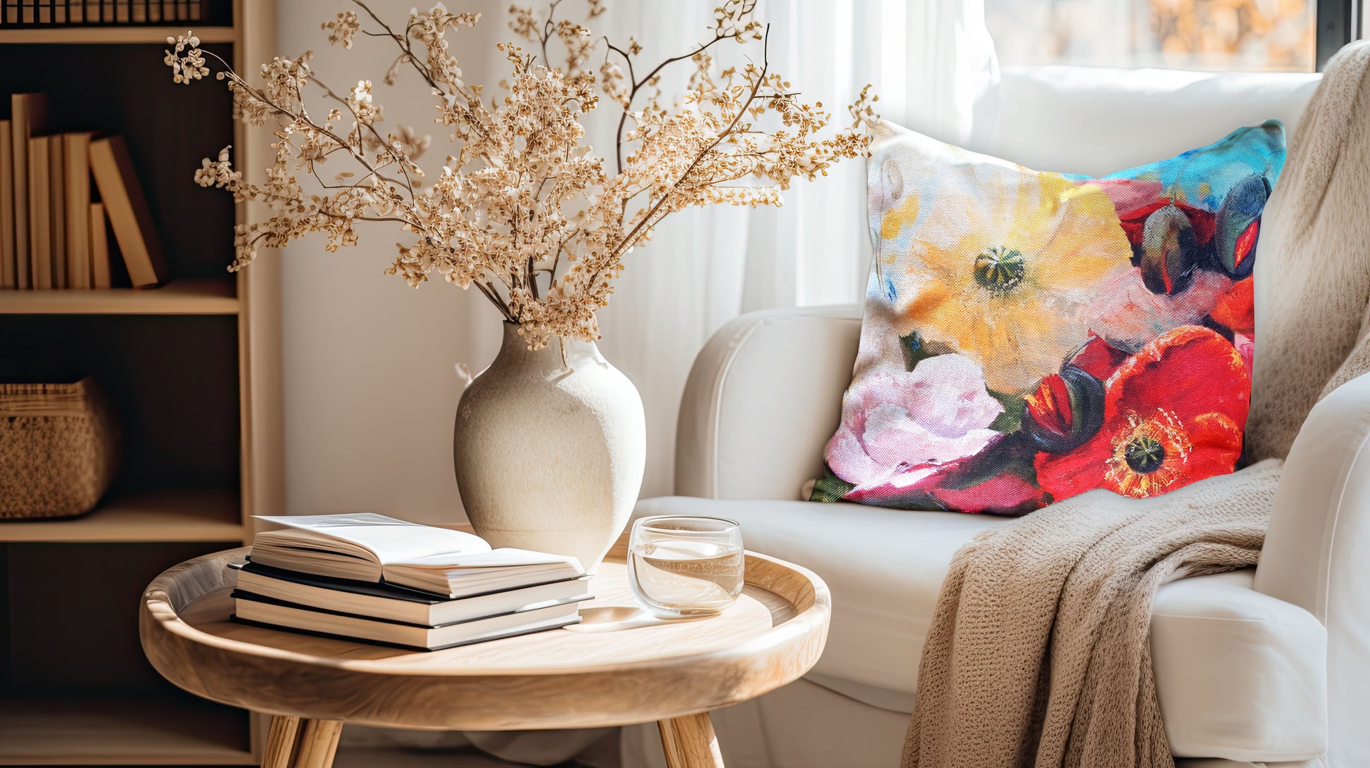 Printed on a stylish linen look fabric, this cushion showcases bright, vibrant blooms that add a fresh and artistic touch to any space.