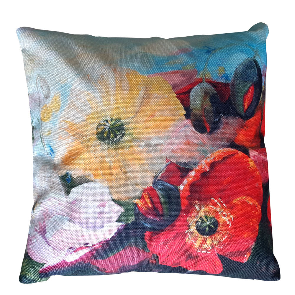 Printed on a stylish linen look fabric, this cushion showcases bright, vibrant blooms that add a fresh and artistic touch to any space.