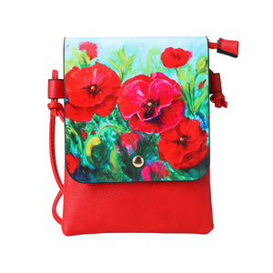 Handbag with red floral design on a white background