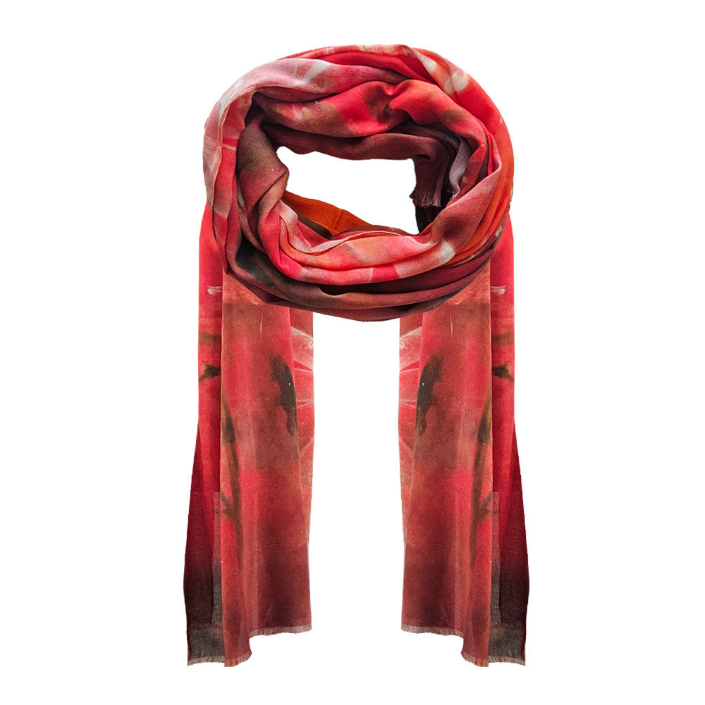 A red hot cotton scarf with a beautiful floral print.