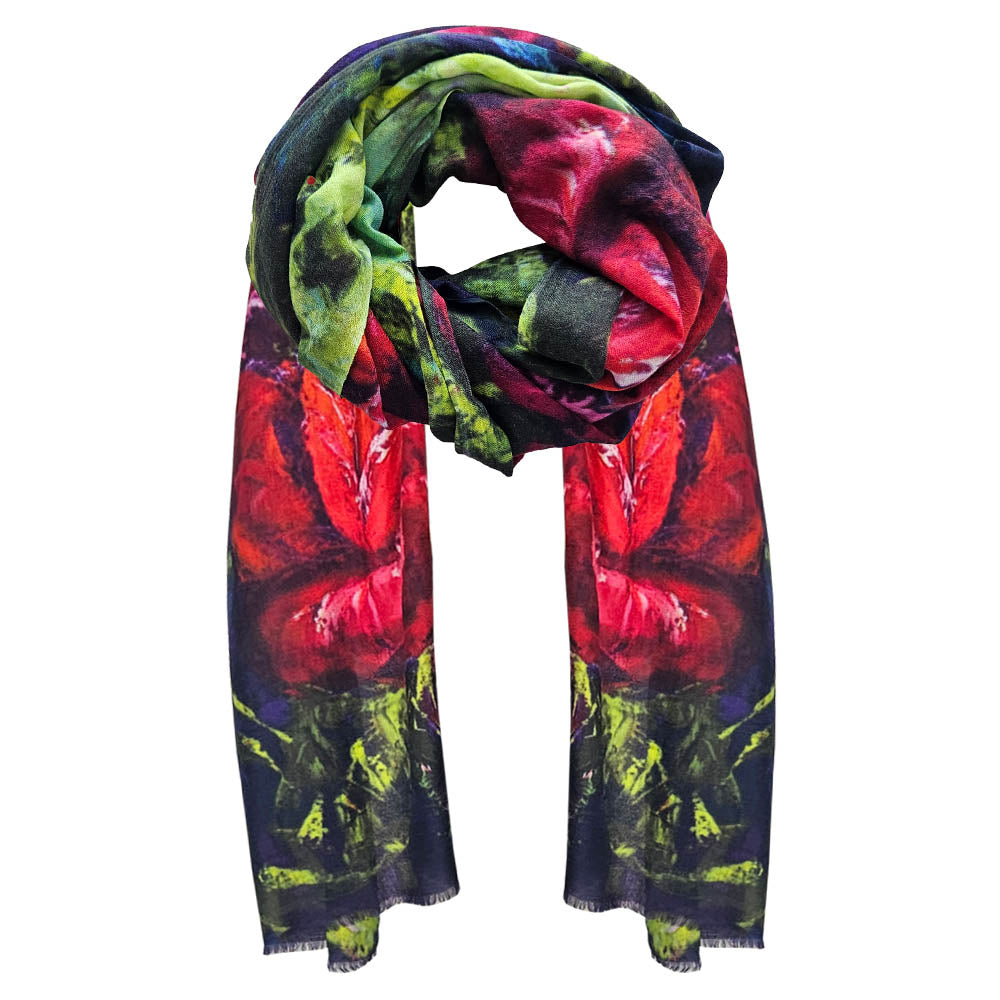 Cotton scarf with red roses printed, a darker colour pallet with red and greens.