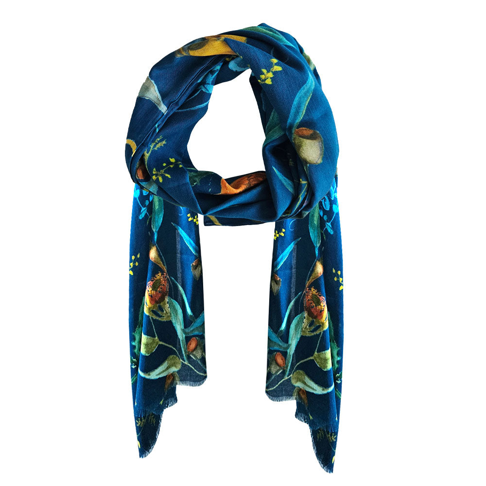 Navy scarf with floral images, designs taken from Christina Maassen Art Original Artworks.