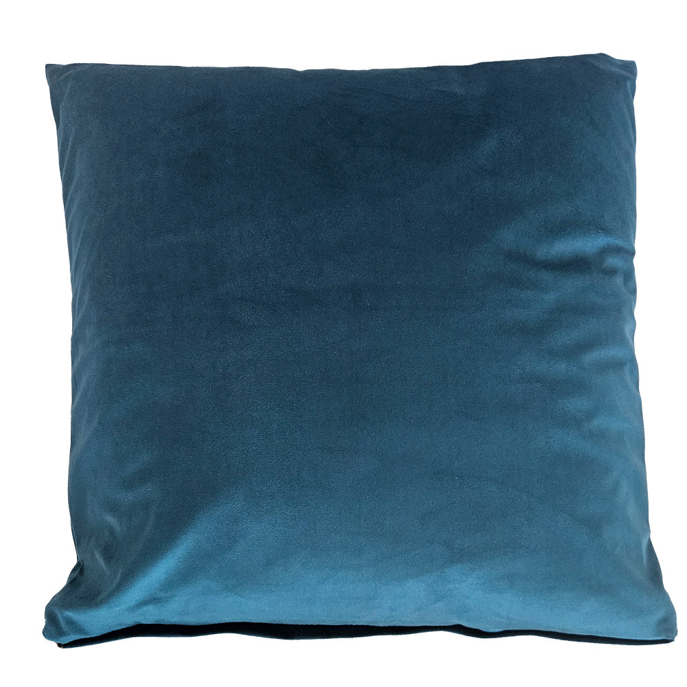 A teal coloured Satin cushion with inner.