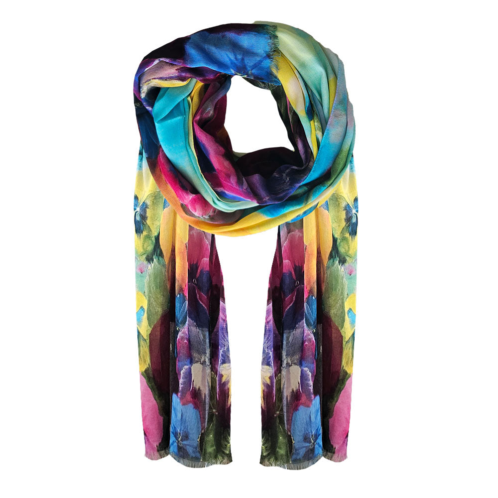 A multicoloured pansy printed cotton scarf