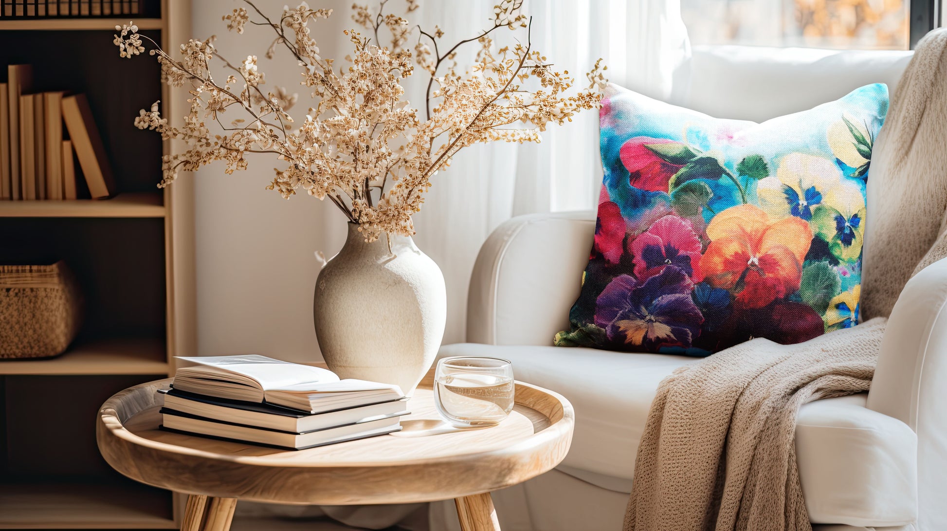  Printed on a stylish linen look fabric, the delicate yet vibrant pansy design brings warmth and elegance to any space.