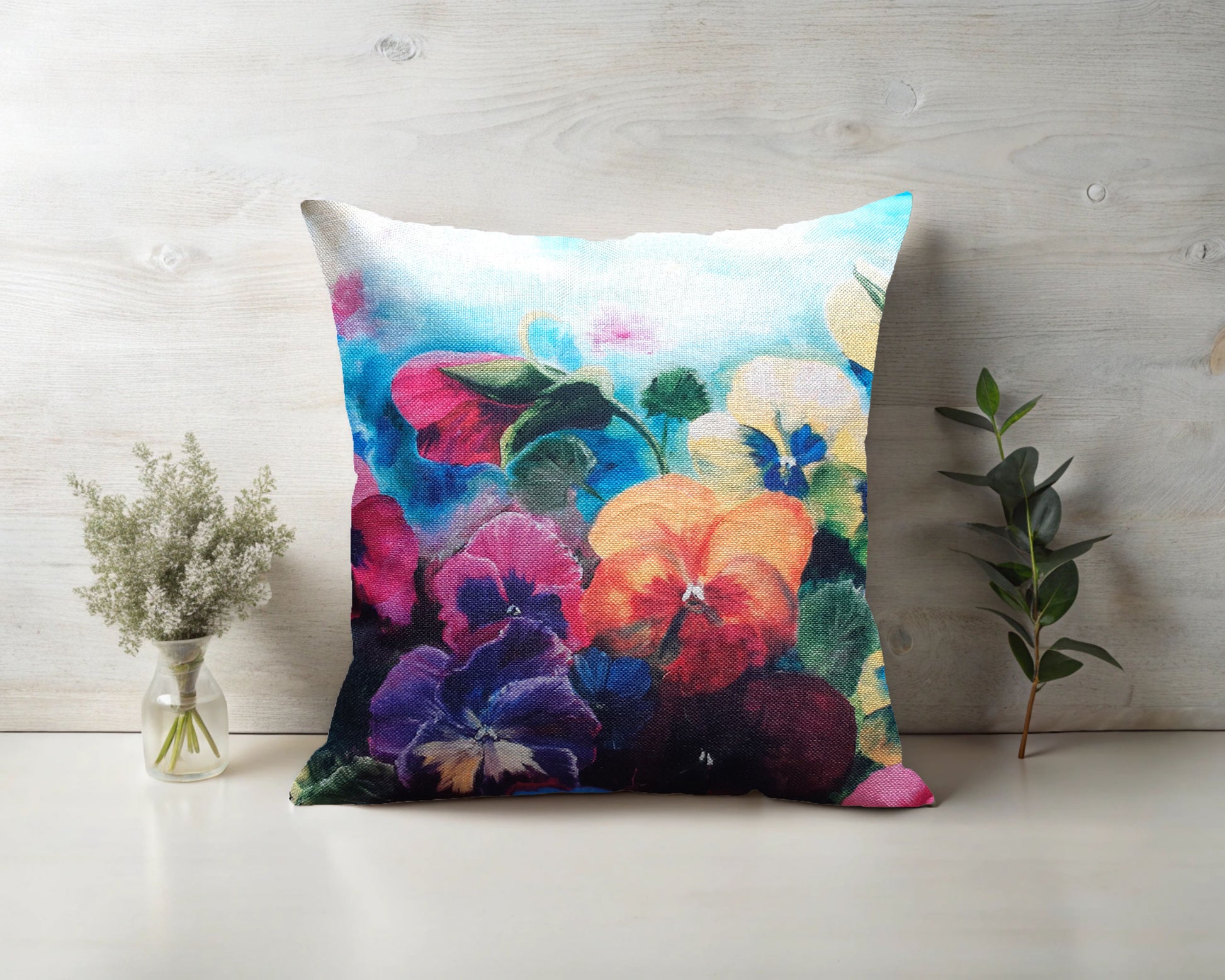  Printed on a stylish linen look fabric, the delicate yet vibrant pansy design brings warmth and elegance to any space.