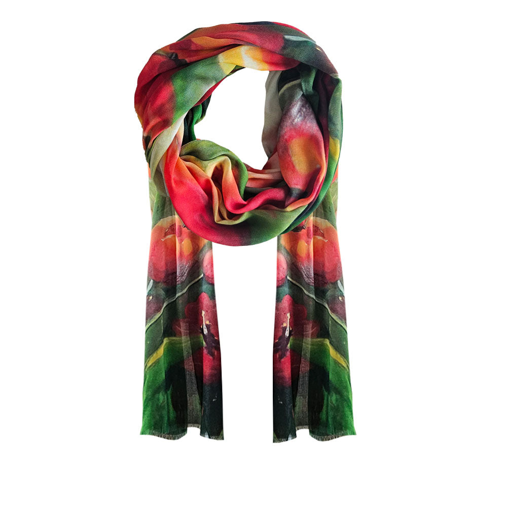 A red and green cotton scarf with a beautiful tulip floral design.