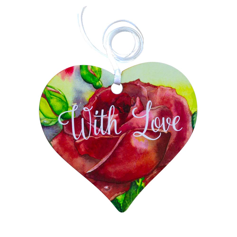 A wooden heart tag with the message 'with love' and a red rose design.
