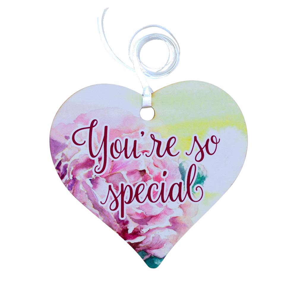 A wooden heart gift tag with a pink rose design and the message you're so special.
